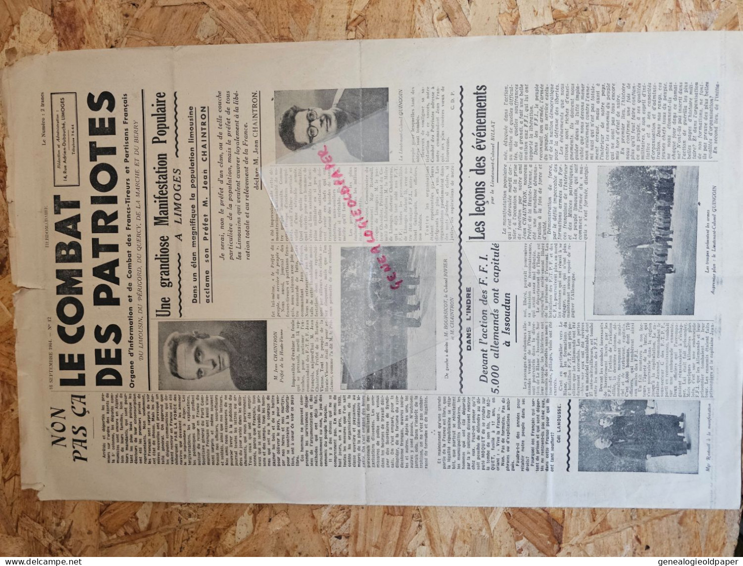 87-LIMOGES- COMBAT DES PATRIOTES-16 -9-1944-JEAN CHAINTRON PREFET-GUINGOUIN-BOURSICOT-RESISTANCE FFI-CHADOURNE-ISSOUDUN - Documentos Históricos