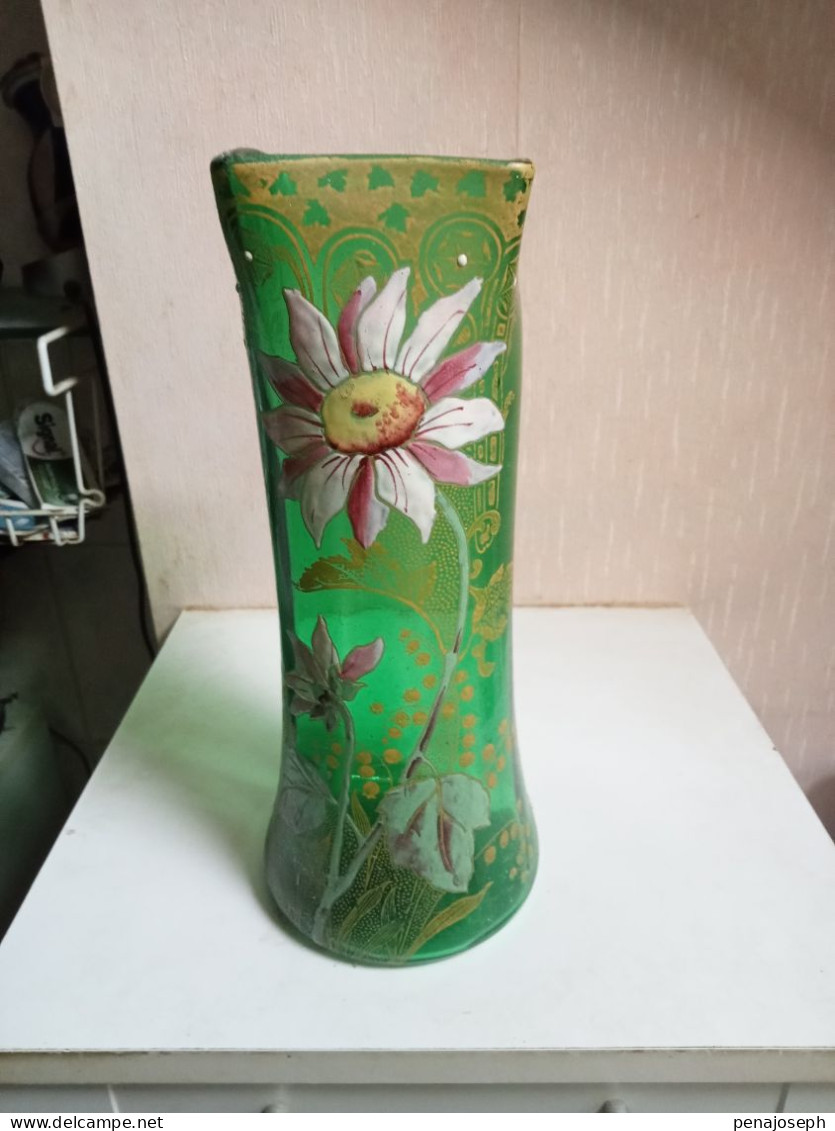 Vase Legras émaillé Vers 1900 Hauteur 28 Cm Vert - Vasi