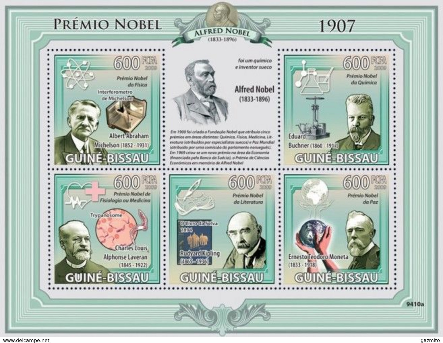 Guinea Bissau 2009, Nobel Prices 1907, Kiplik, Moneta, Laveran, Buchner, 5val In BF - Química