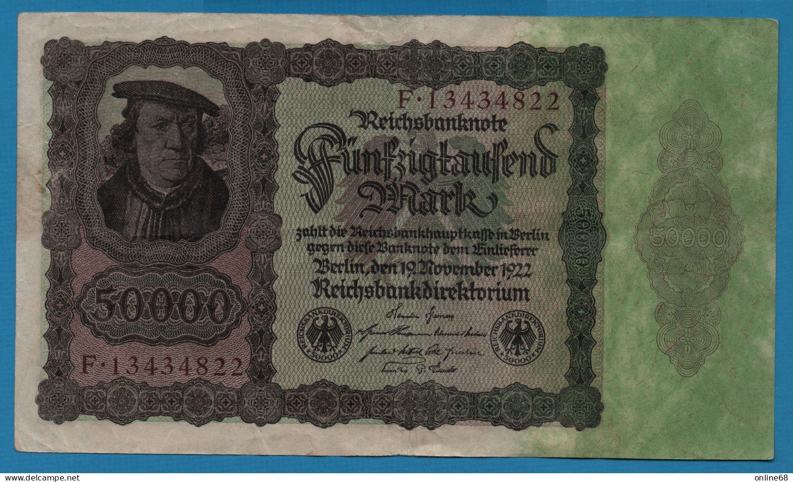 DEUTSCHES REICH 50.000 MARK 19.11.1922 # F.13434822 P# 80 Bürgermeister Brauweiler - 50000 Mark