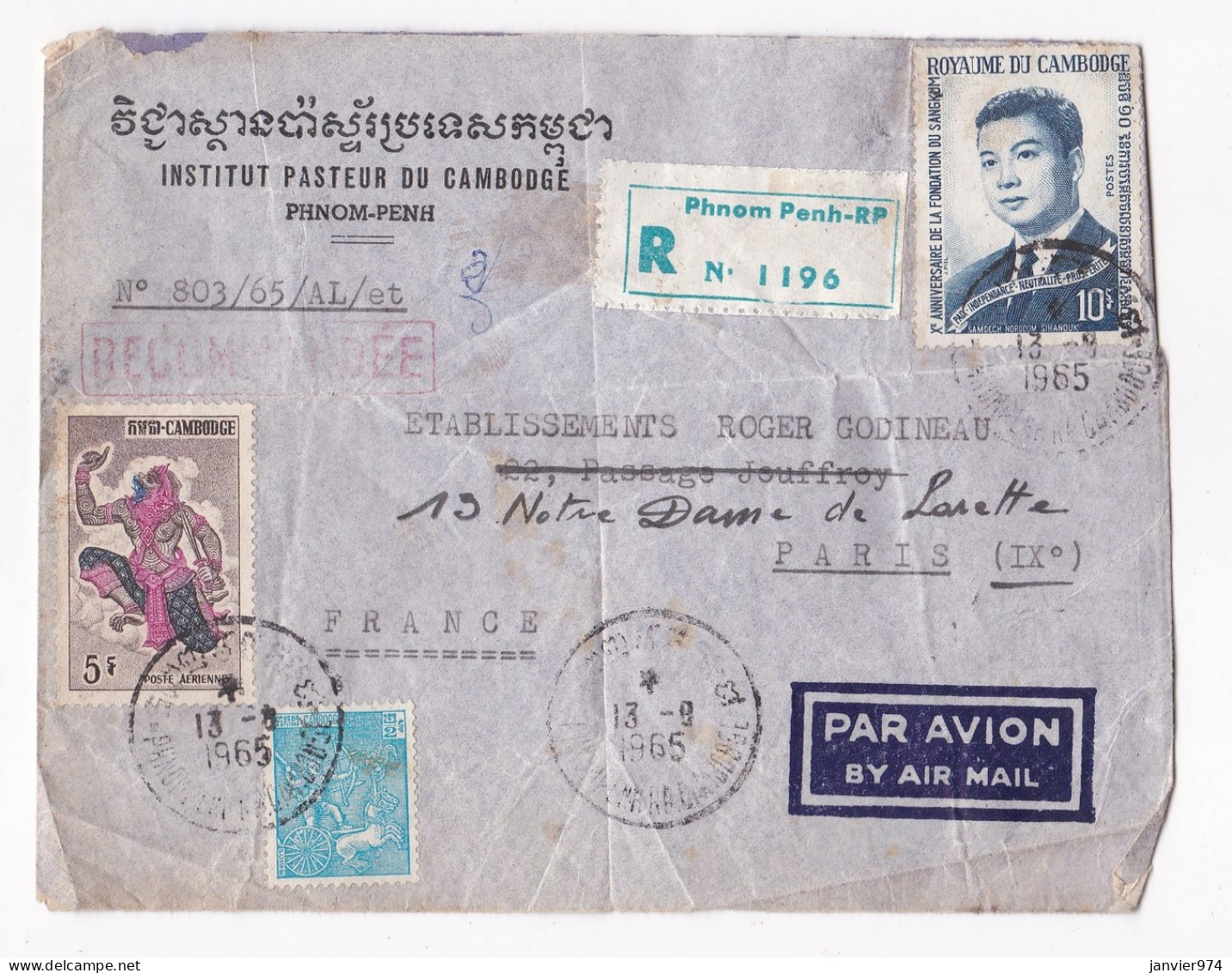 Enveloppe Recommandée 1964 Institut Pasteur Du Cambodge Pour Ets Roger Godineau Paris - Kambodscha