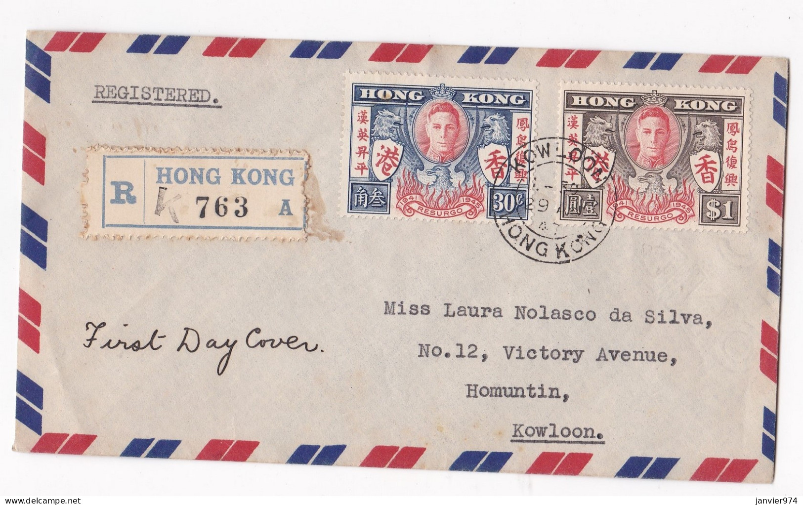 Enveloppe Recommandée 1945 Hong Kong Pour Miss L. Nolasco Da Silva   à Kowloon  - Storia Postale