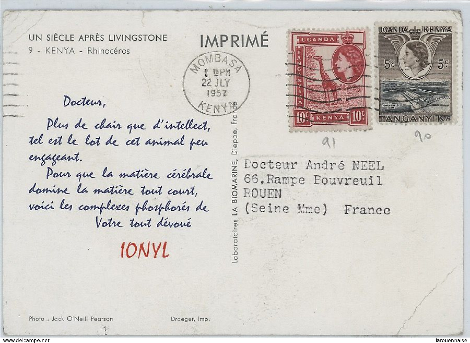 KENYA &OUGANDA ( Colonies Britaniques ) N°90 + 91 / IMPRIME POUR LA FRANCE -CàD MOMBASSA = 22-JLY -1952 - Kenya & Uganda