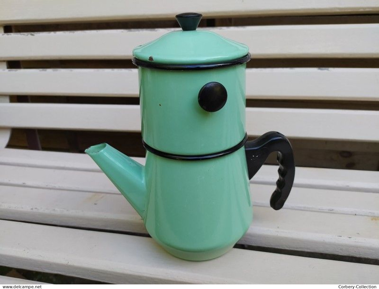 Ancienne Cafetière Emaillée Japy Vert Pastel Vintage - Autres & Non Classés