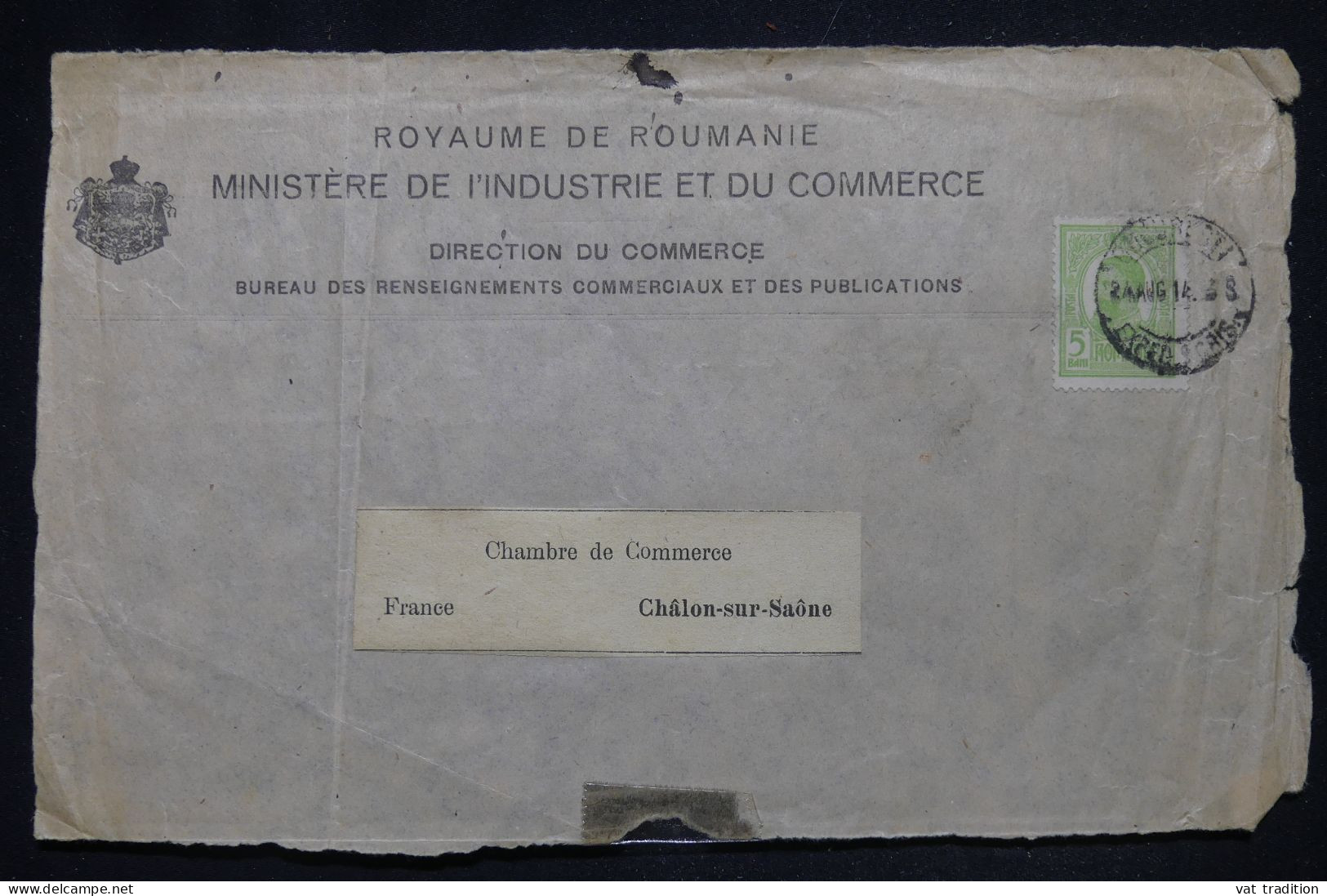 ROUMANIE - Devant D'enveloppe Du Ministère Du Commerce Pour La France En 1914- L 147590 - Storia Postale