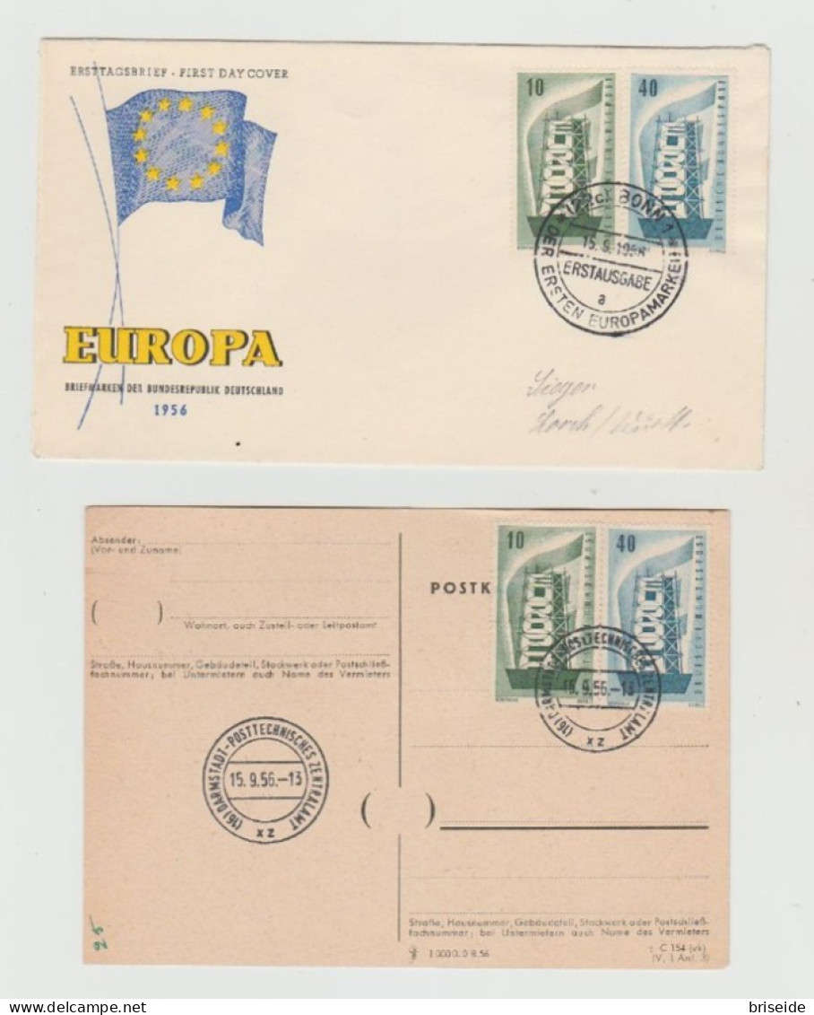 1956 N.1 BUSTA +1 CART. EUROPA CEPT 1° JOUR D'EMISSION FIRST DAY COVER ERSTTAGSBRIEF 1°GIORNO EM. DEUTSCHE BUNDESPOST - 1956