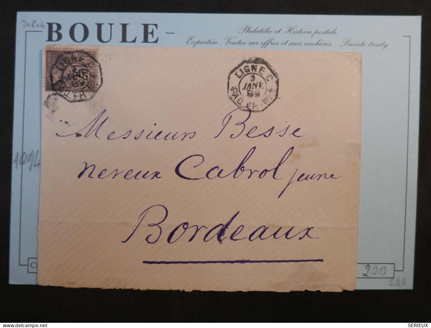 DC16 GUYANNE FRANCAISE BELLE LETTRE RARE  3 JANV. 1889 PAR PAQUEBOT FRANCAIS A BORDEAUX FRANCE   +25C COLONIES ++++ - Storia Postale