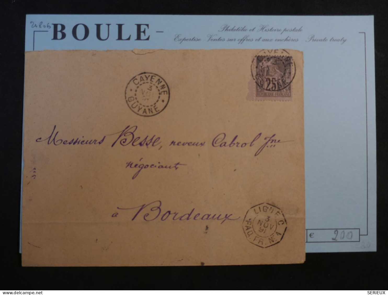 DC16 GUYANNE FRANCAISE BELLE LETTRE RARE  3 NOV.  1891   PAQUEBOT FRANCAIS CAYENNE A BORDEAUX FRANCE +25C COLONIES ++++ - Lettres & Documents