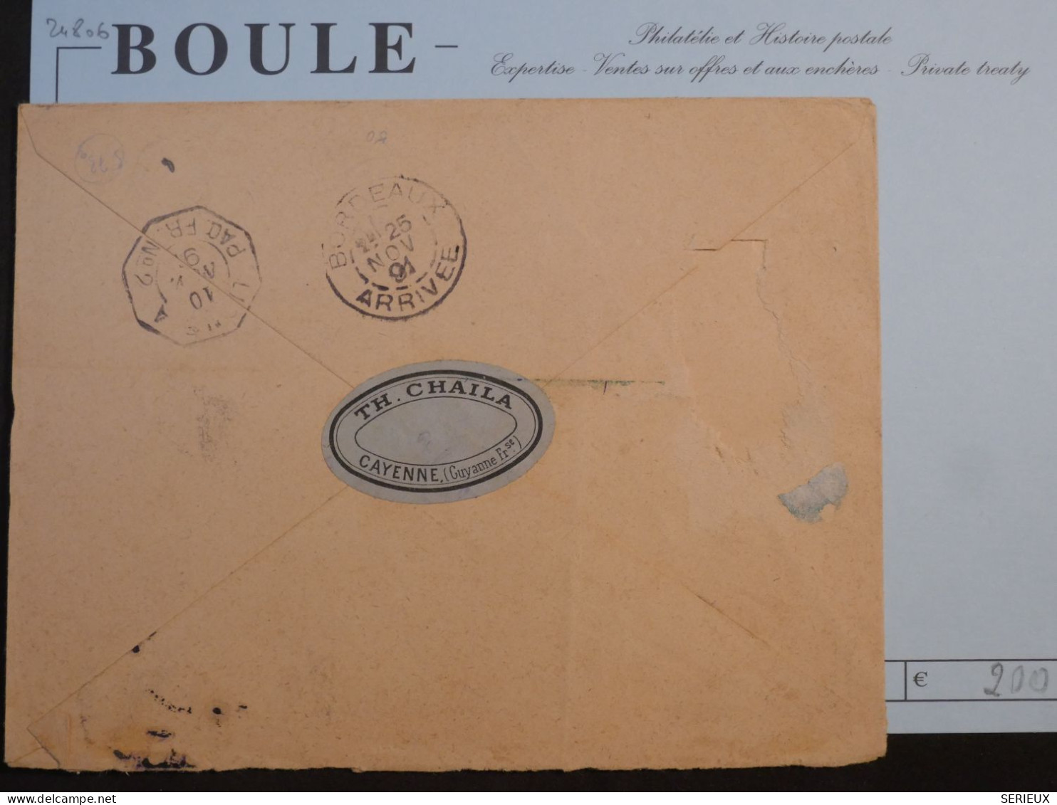 DC16 GUYANNE FRANCAISE BELLE LETTRE RARE  3 NOV.  1891   PAQUEBOT FRANCAIS CAYENNE A BORDEAUX FRANCE +25C COLONIES ++++ - Cartas & Documentos