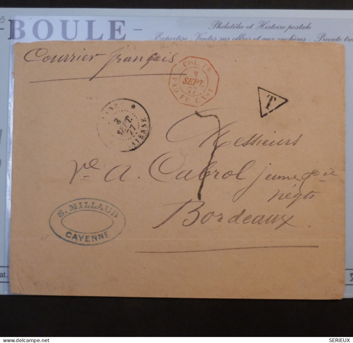 DC16 GUYANNE FRANCAISE BELLE LETTRE RR  1877  PAQUEBOT FRANCAIS CAYENNE A BORDEAUX FRANCE +TAXE+AFF. INTERESSANT++++ - Cartas & Documentos