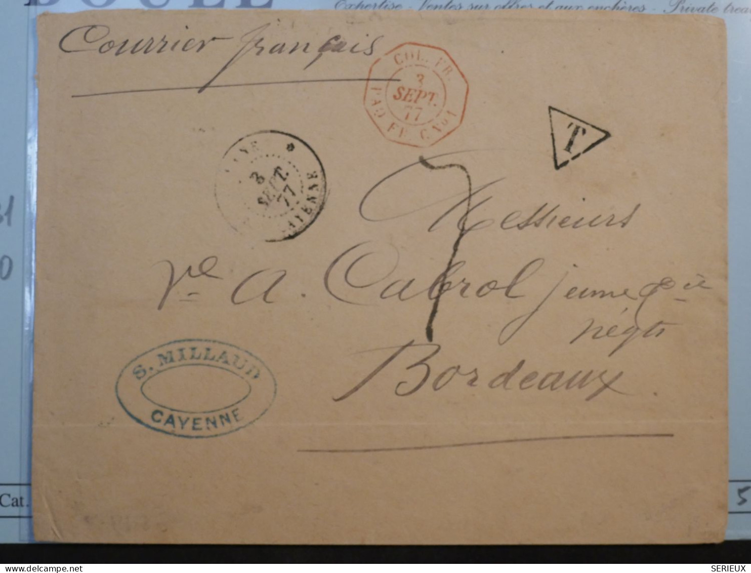 DC16 GUYANNE FRANCAISE BELLE LETTRE RR  1877  PAQUEBOT FRANCAIS CAYENNE A BORDEAUX FRANCE +TAXE+AFF. INTERESSANT++++ - Covers & Documents