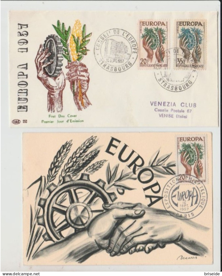 1957 N.1 BUSTA + 1 CART. EUROPA CEPT PREMIER JOUR D'EMISSION FIRST DAY COVER 1°GIORNO EMISSIONE REPUBLIQUE FRANCAISE - 1957