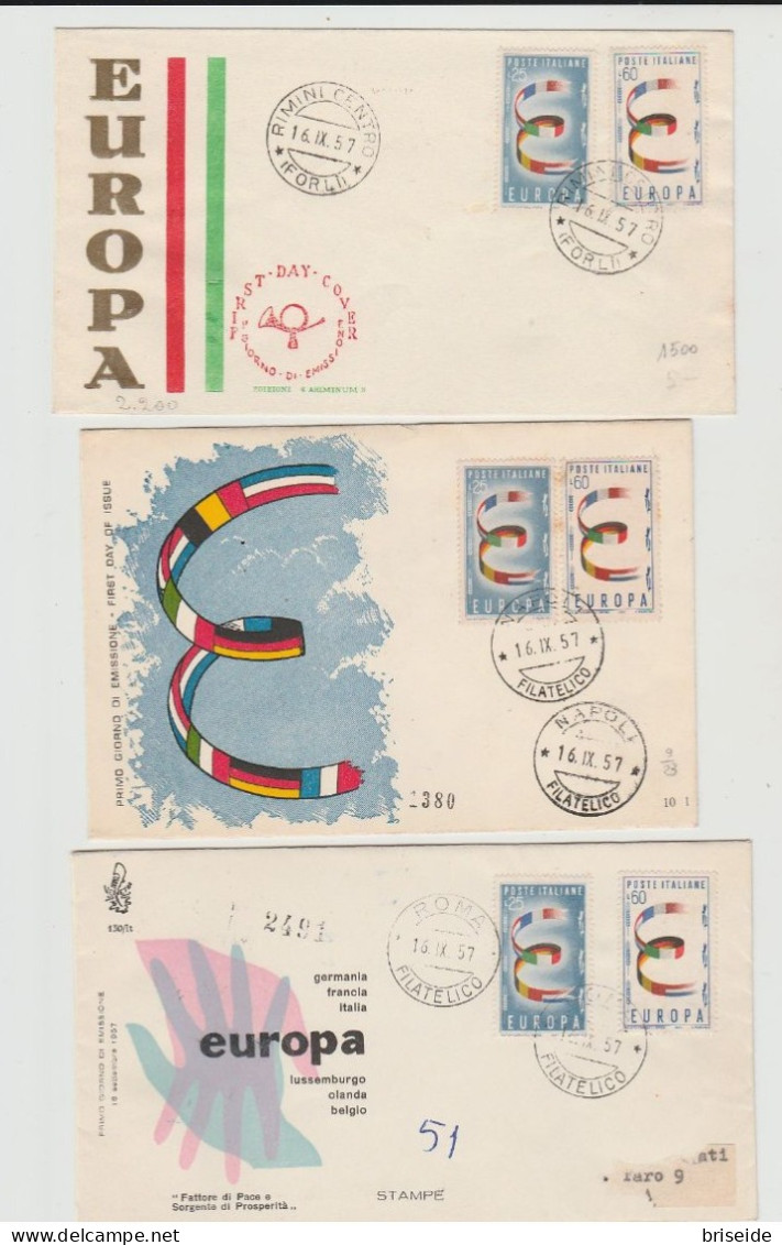 1957 N.3 BUSTE EUROPA CEPT PREMIER JOUR D'EMISSION FIRST DAY COVER ERSTTAGSBRIEF 1°GIORNO EMISSIONE POSTE ITALIANE - 1957