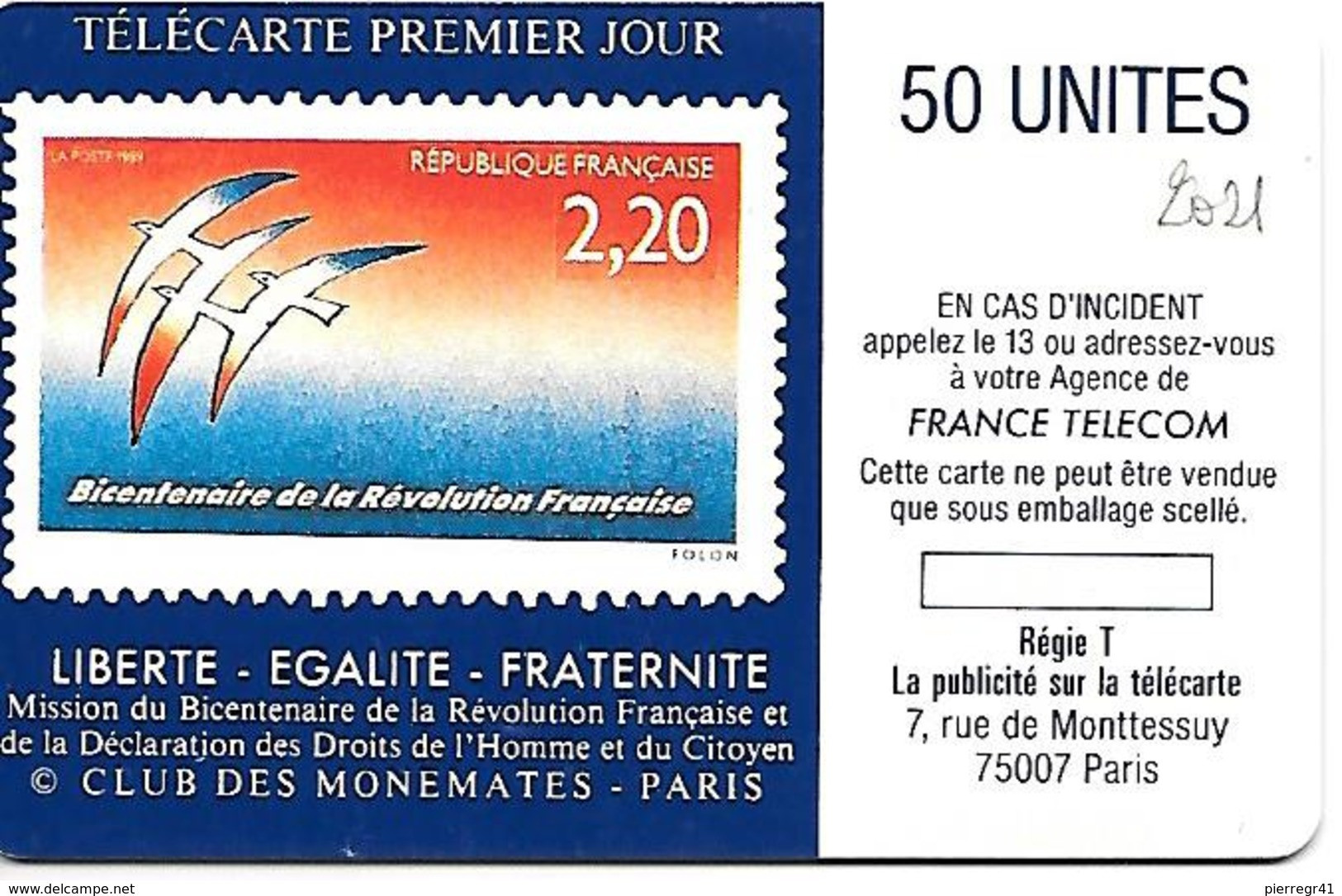 CARTE-PUBLIC-01/89-SO2-50U-FOLON-OISEAUX Du BICENTENAIRE-V° 4 Pe 2021-UTILISEE-TB E- - 1989