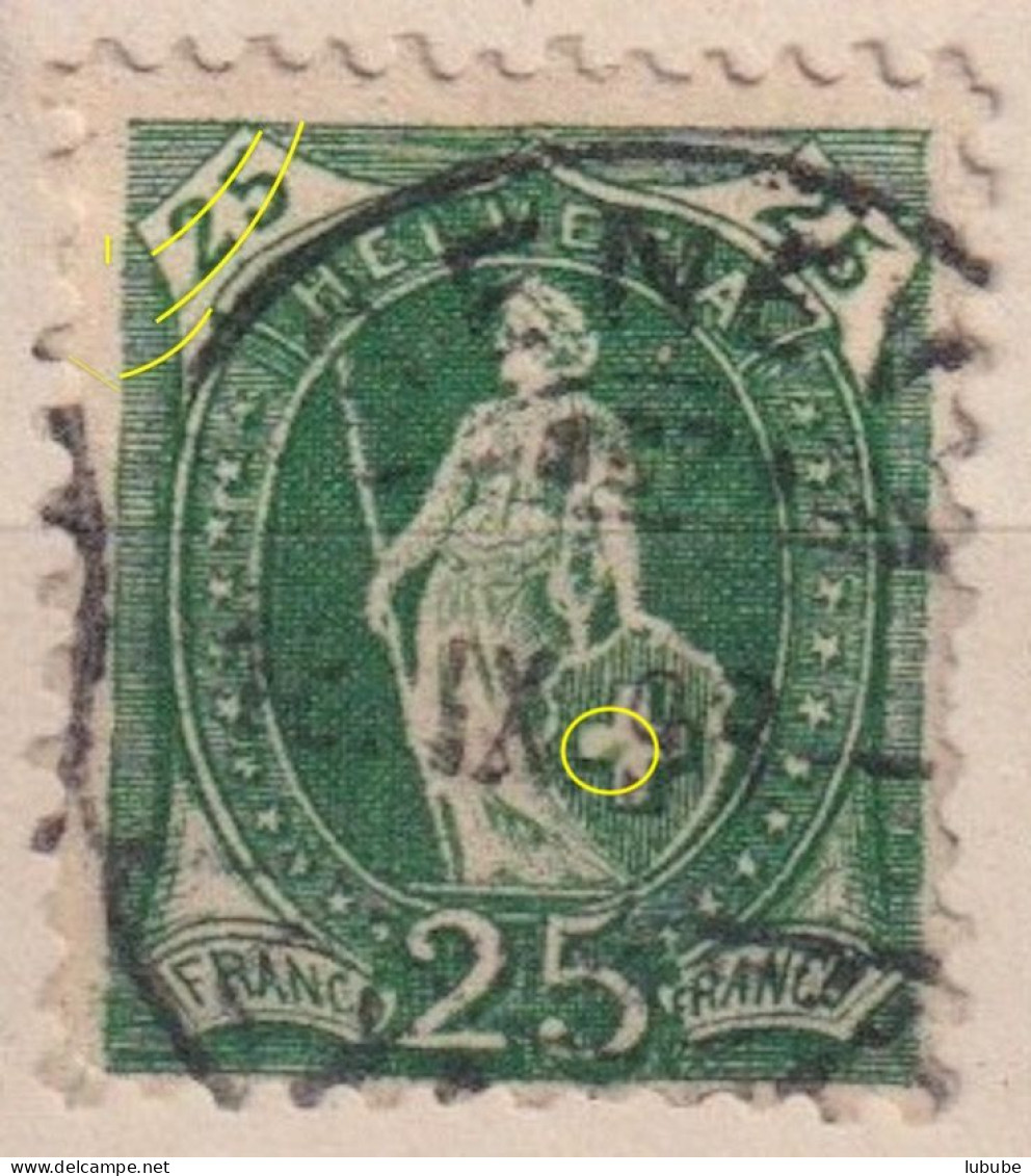 Stehende Helvetia 67D, 25 Rp.grün  GENEVE  (Plattenfehler)      1899 - Oblitérés