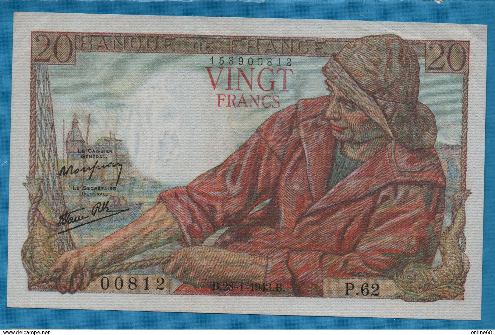 FRANCE 20 FRANCS 28.01.1943 # P.62 F# 13/05, P# 100a  Pêcheur - 20 F 1942-1950 ''Pêcheur''