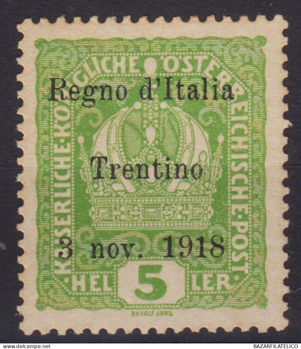 OCCUPAZIONI TRENTINO ALTO ADIGE 1918 5 HELLER N.2 G.O MH* - Trentino