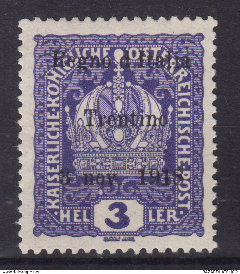 OCCUPAZIONI TRENTINO ALTO ADIGE 1918 3 HELLER N.1 G.O MH* - Trentino