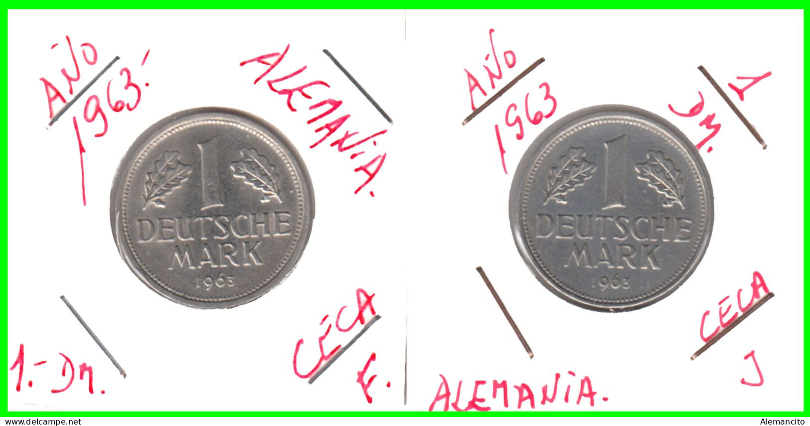 ALEMANIA - DEUTSCHLAND - GERMANY - 2 -MONEDAS DE 1.00 DM ESPIGAS Y AGUILA DEL AÑO 1963 CON LAS CECAS F - J. - 1 Mark