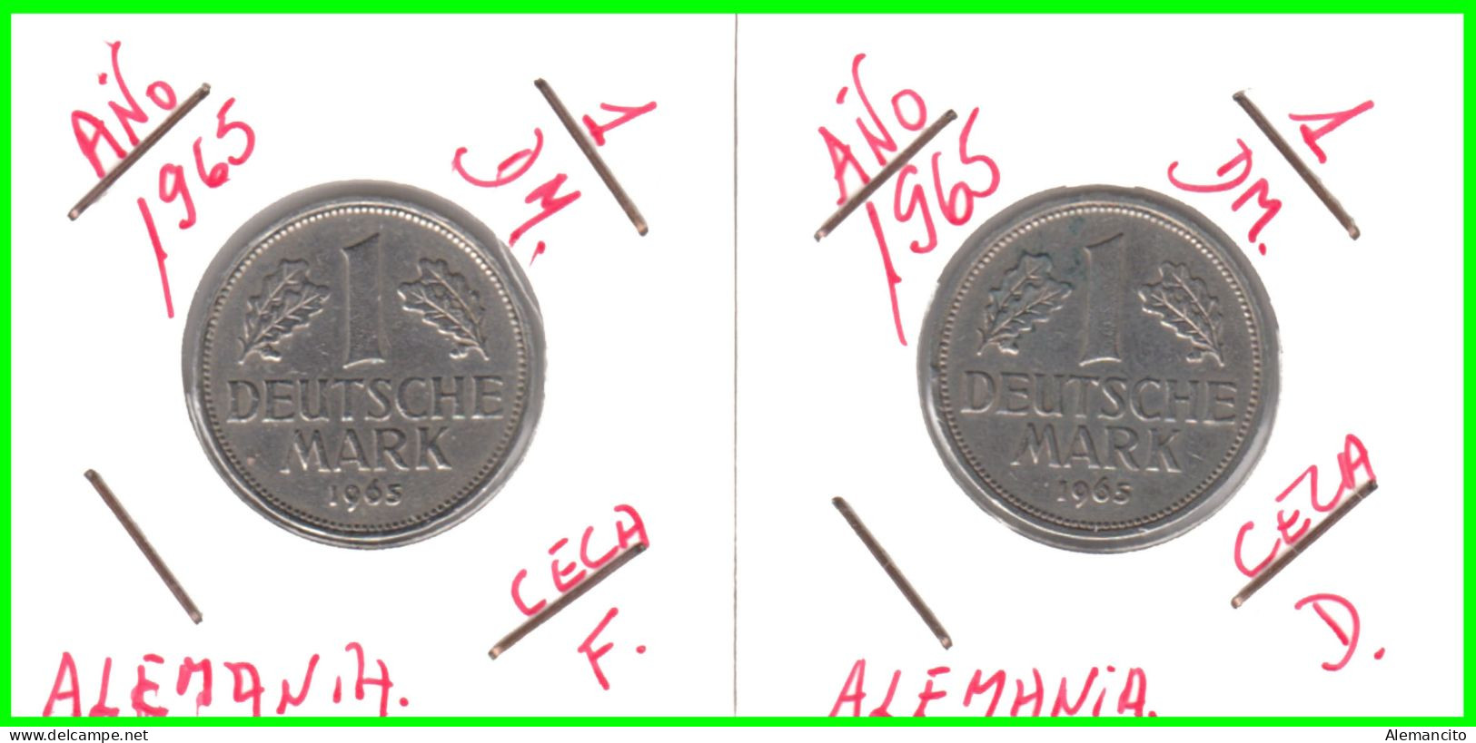 ALEMANIA - DEUTSCHLAND - GERMANY - 2 -MONEDAS DE 1.00 DM ESPIGAS Y AGUILA DEL AÑO 1965 CON LAS CECAS - D - F. - 1 Mark