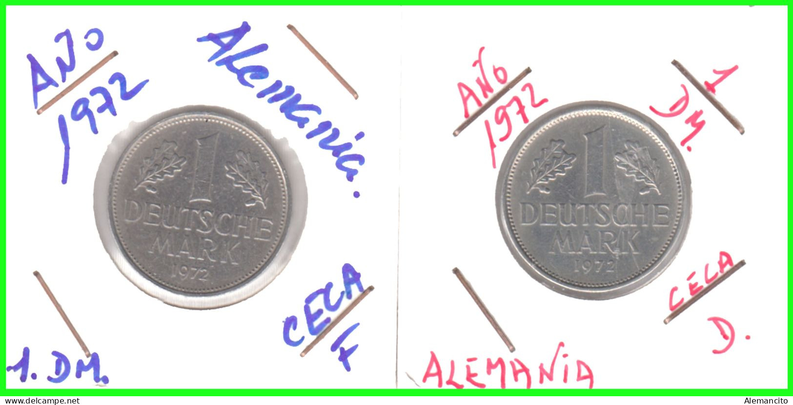 ALEMANIA - DEUTSCHLAND - GERMANY - 2 -MONEDAS DE 1.00 DM ESPIGAS Y AGUILA DEL AÑO 1972 CON LAS CECAS - D - F. - 1 Mark