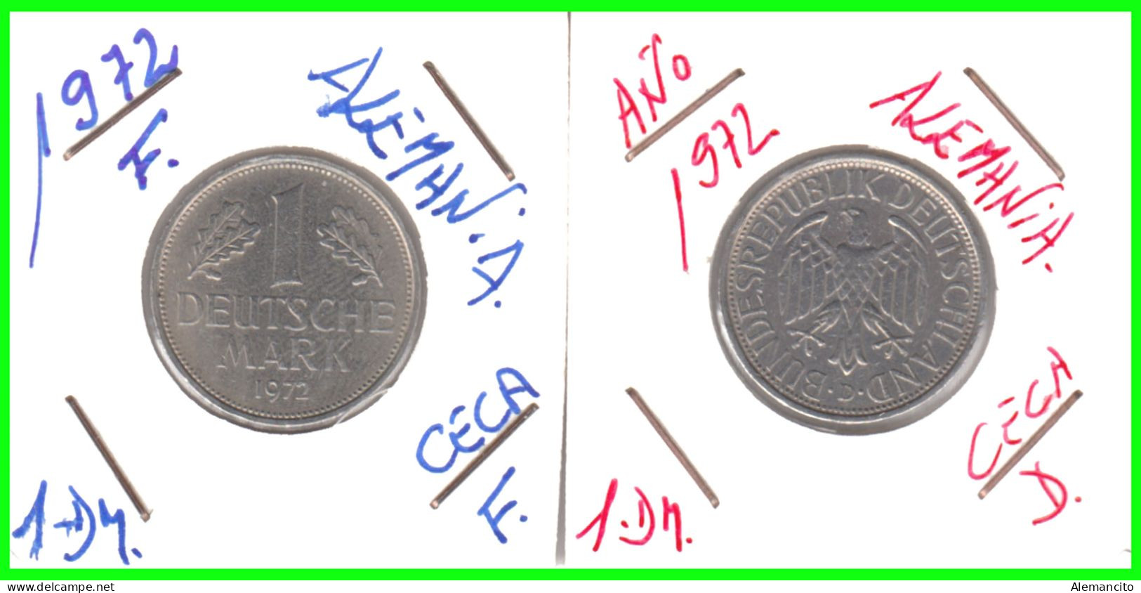 ALEMANIA - DEUTSCHLAND - GERMANY - 2 -MONEDAS DE 1.00 DM ESPIGAS Y AGUILA DEL AÑO 1972 CON LAS CECAS - D - F. - 1 Mark