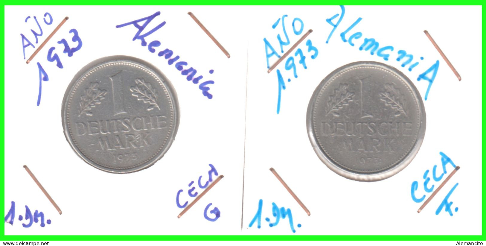 ALEMANIA - DEUTSCHLAND - GERMANY - 2 -MONEDAS DE 1.00 DM ESPIGAS Y AGUILA DEL AÑO 1973 CON LAS CECAS - G - F. - 1 Marco