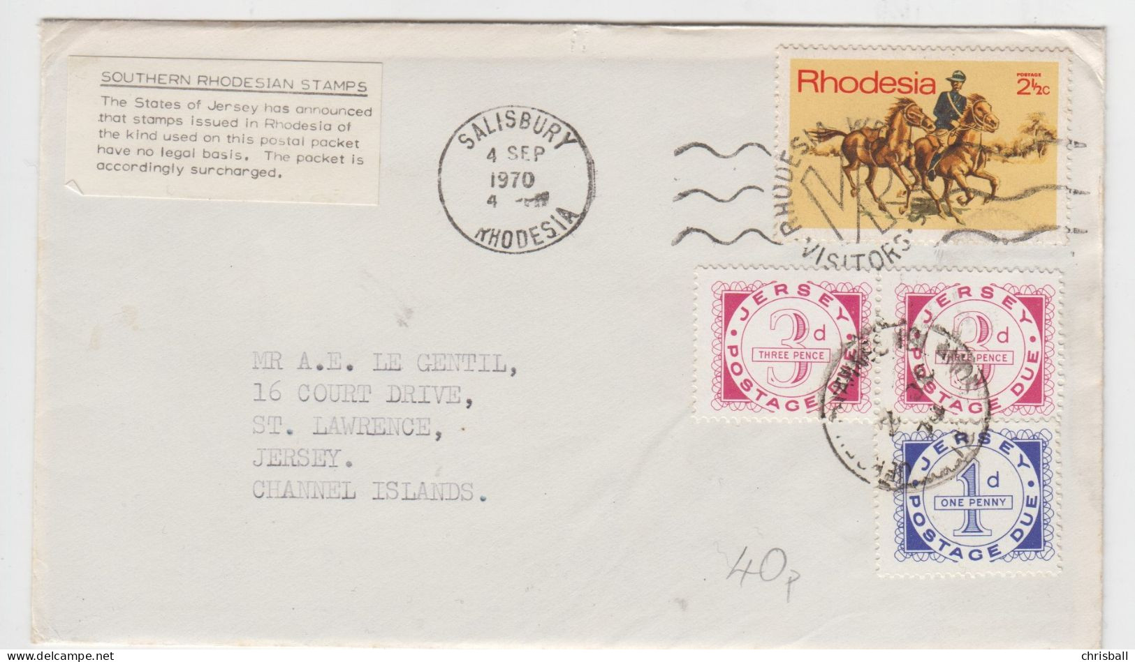 Rhodesia - Jersey Cover With Surcharge Label And Sterling Postage Dues - Southern Rhodesia (...-1964)