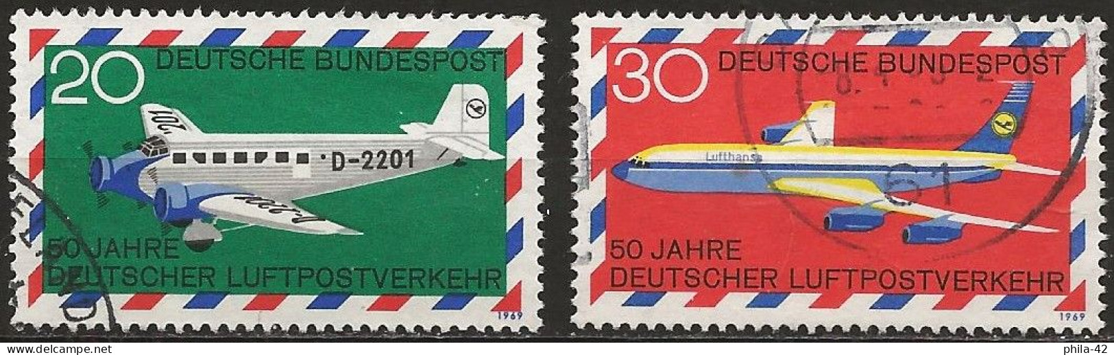 Germany FRG 1969 - Mi 576/77 - YT Pa 1/Pa2 ( Airplanes Junkers Ju 52/3m "Boelke" &  Boeing 707 Airliner ) Airmail - Sellos