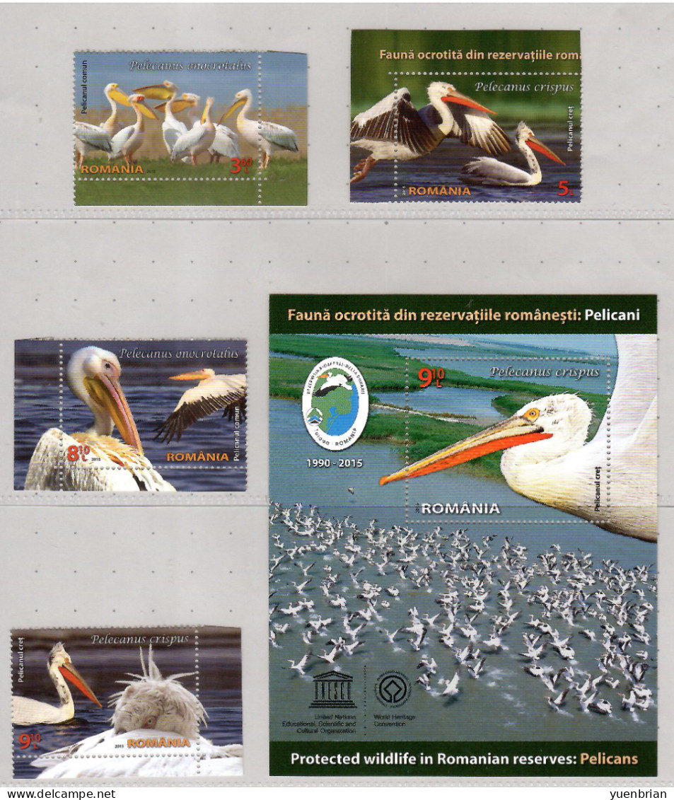 Romania 2015, Bird, Birds, Pelican, Set Of 4v + M/S, MNH** - Pelícanos