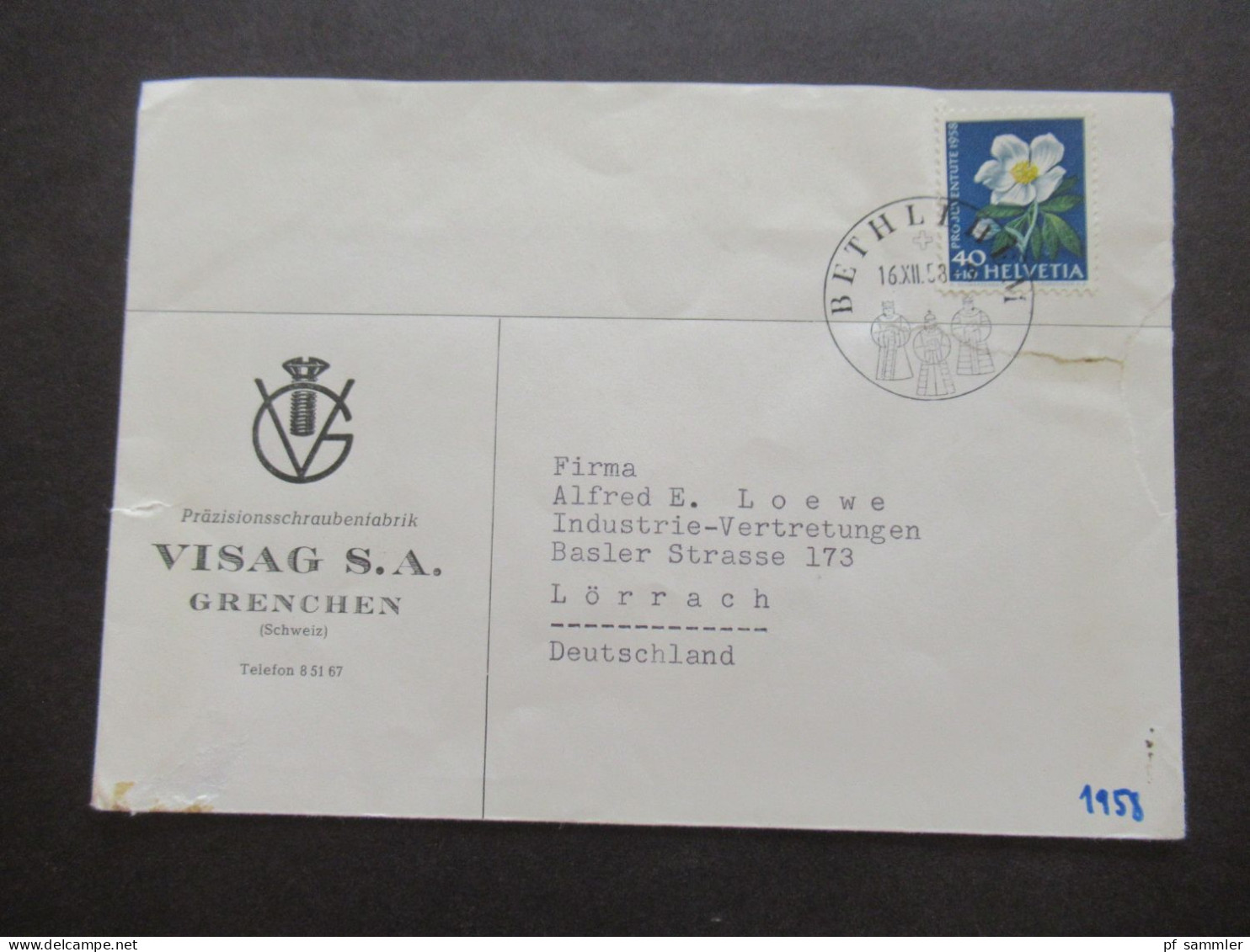 Schweiz 1958 Pro Juventute Mi.Nr.667 Christrose EF SSt Bethlehem Umschlag Visag AG Präzisionsschraubenfabrik - Storia Postale