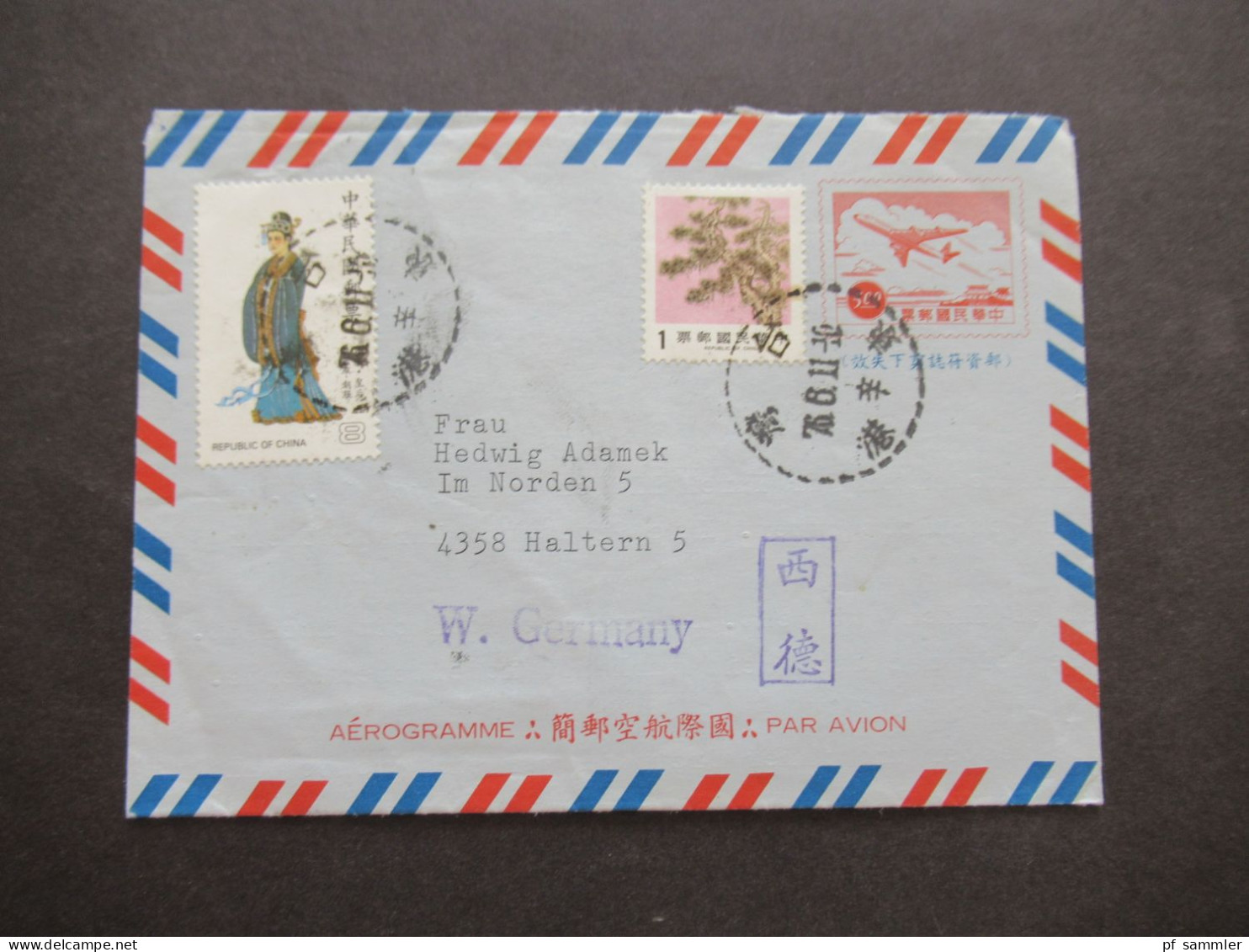 1987 China / Taiwan R.O.C. Abs. Dominican Fathers Aerogramm / Luftpostleichtbrief Mit Zusatzfrankaturen Nach Haltern - Storia Postale