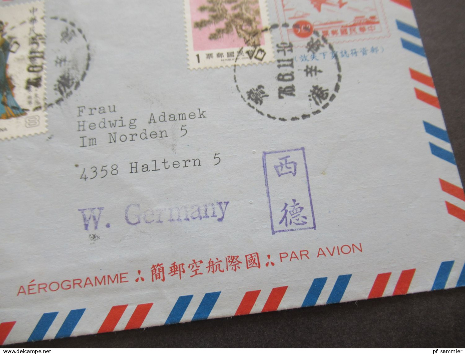 1987 China / Taiwan R.O.C. Abs. Dominican Fathers Aerogramm / Luftpostleichtbrief Mit Zusatzfrankaturen Nach Haltern - Lettres & Documents