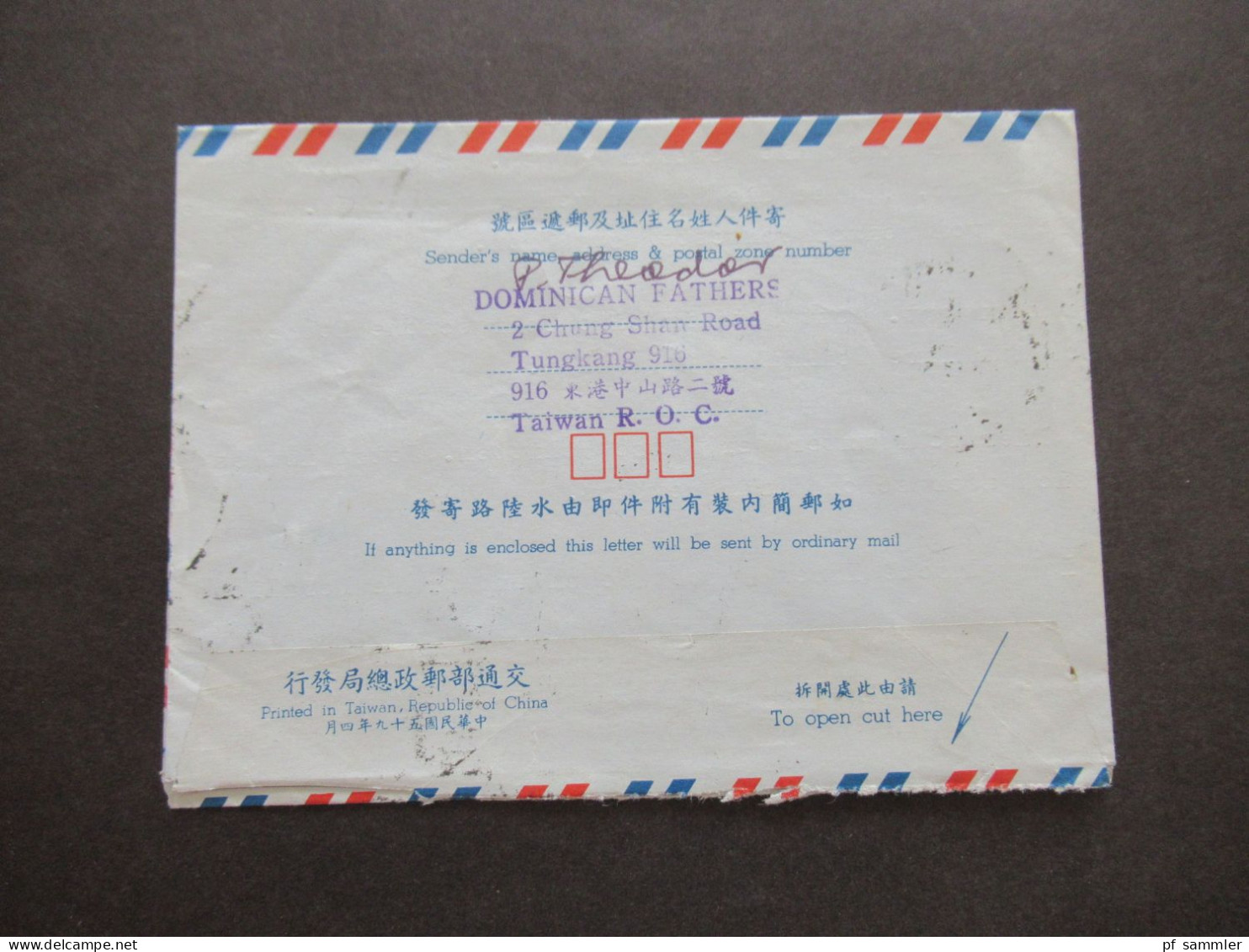 1987 China / Taiwan R.O.C. Abs. Dominican Fathers Aerogramm / Luftpostleichtbrief Mit Zusatzfrankaturen Nach Haltern - Cartas & Documentos