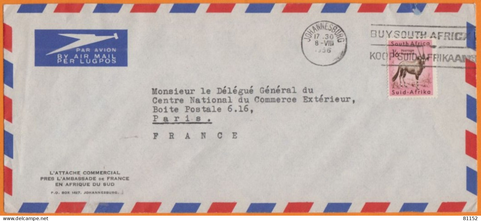 AFRIQUE Du SUD   Animals Gemsbok 1/6d   SEUL Sur Lettre De  JOHANNESBURG  Le 8 VIII 1956  Pour PARIS - Storia Postale