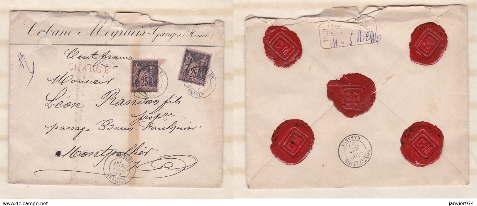 Enveloppe 1887 Cabane Meyrueis Ganges Pour Montpellier . 2 Timbres + 5 Sceaux En Cire - 1876-1898 Sage (Type II)