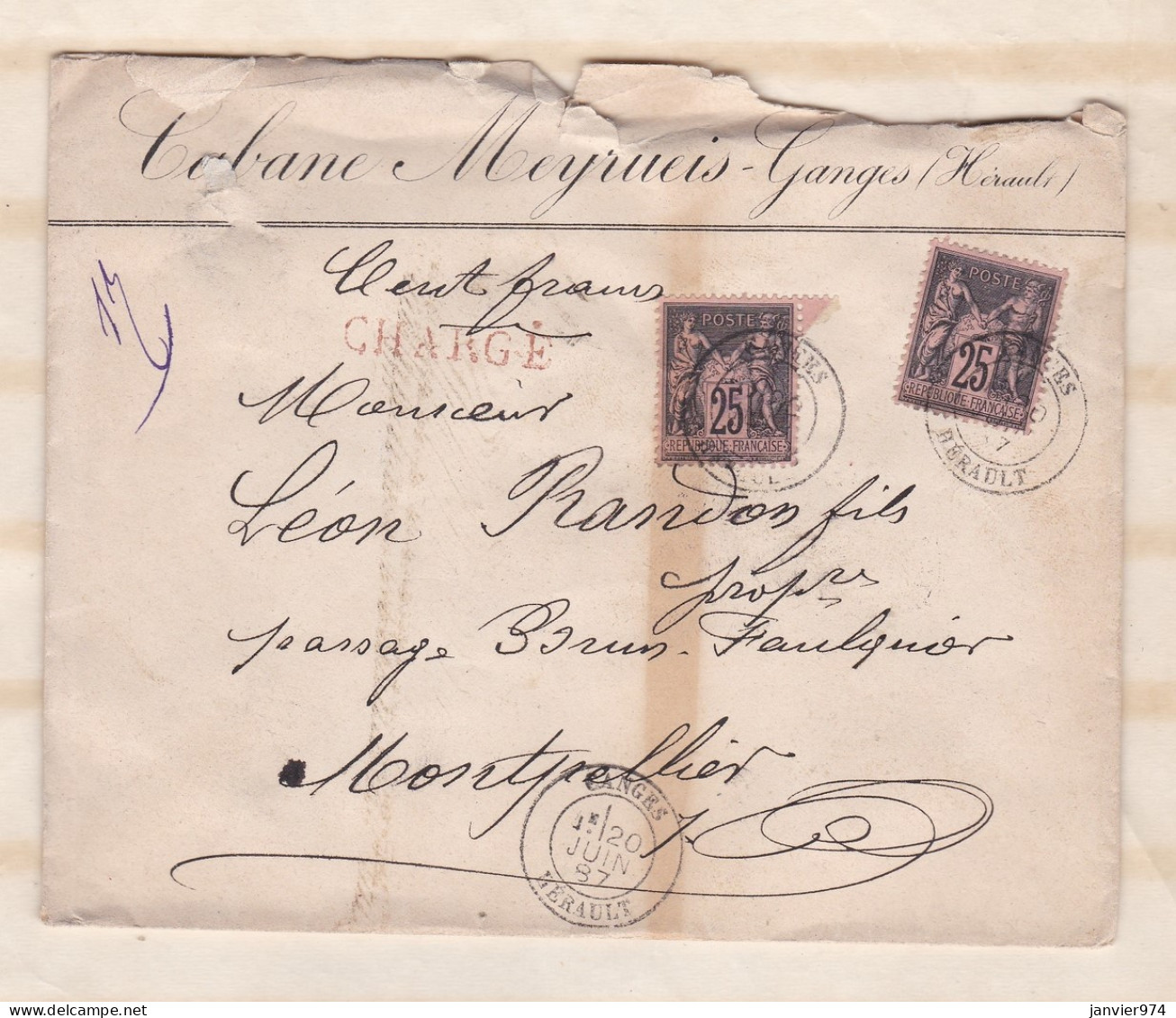 Enveloppe 1887 Cabane Meyrueis Ganges Pour Montpellier . 2 Timbres + 5 Sceaux En Cire - 1876-1898 Sage (Tipo II)