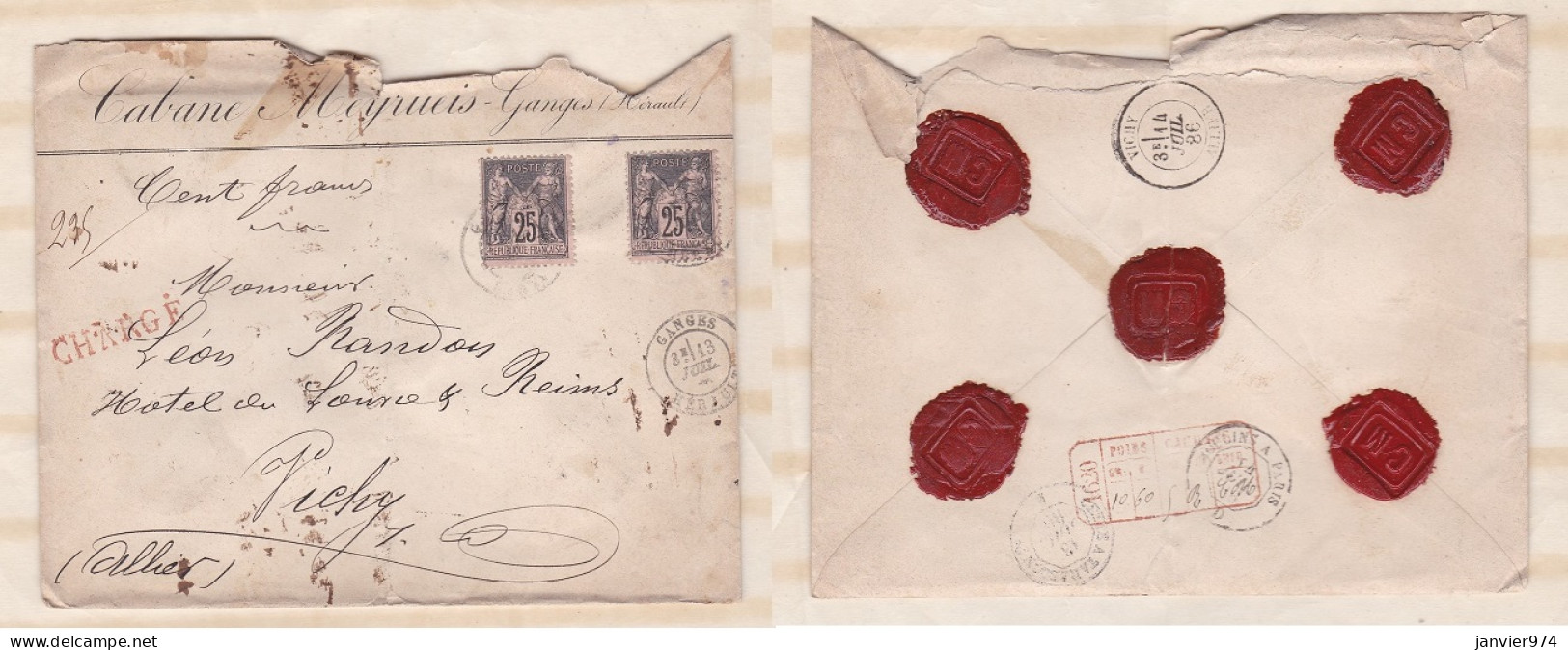 Enveloppe 1886 Cabane Meyrueis Ganges Pour Vichy . 2 Timbres + 5 Sceaux En Cire  - 1876-1898 Sage (Type II)