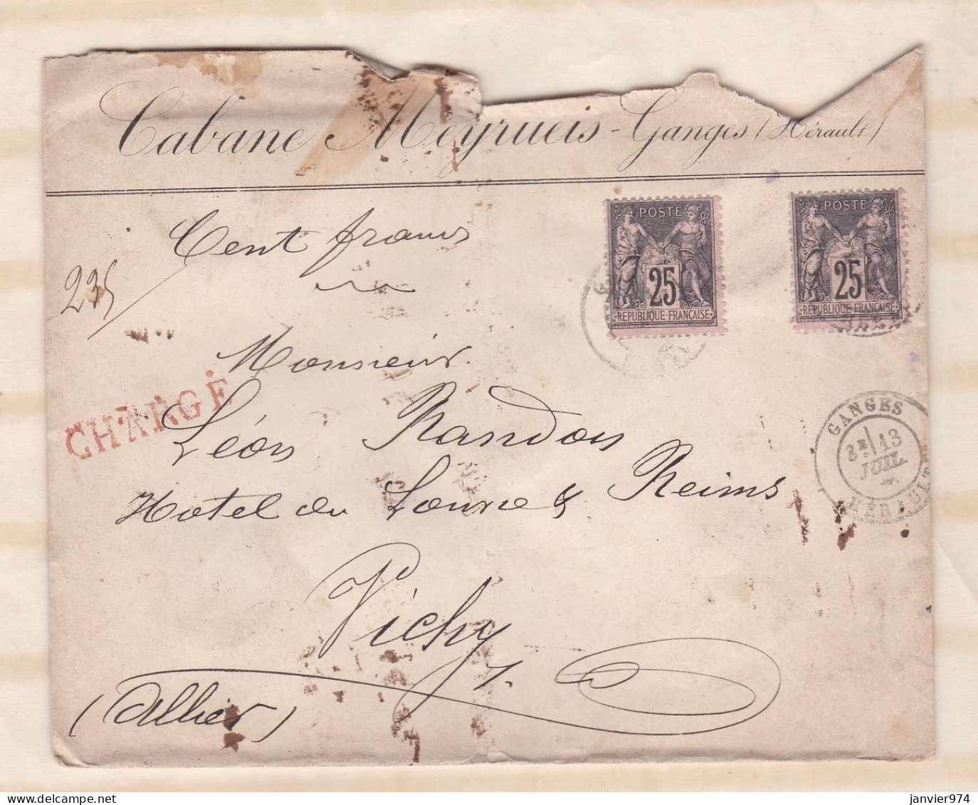 Enveloppe 1886 Cabane Meyrueis Ganges Pour Vichy . 2 Timbres + 5 Sceaux En Cire  - 1876-1898 Sage (Tipo II)