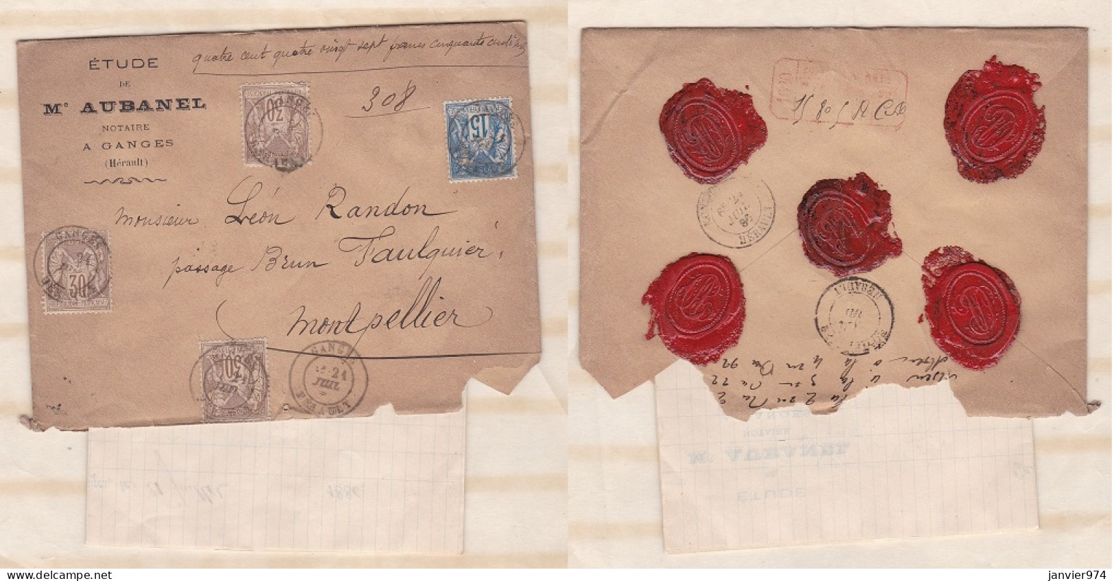 Enveloppe + Lettre 1886 Aubanel Notaire Ganges Pour Montpellier . 4 Timbres + 5 Sceaux En Cire  - 1876-1898 Sage (Tipo II)