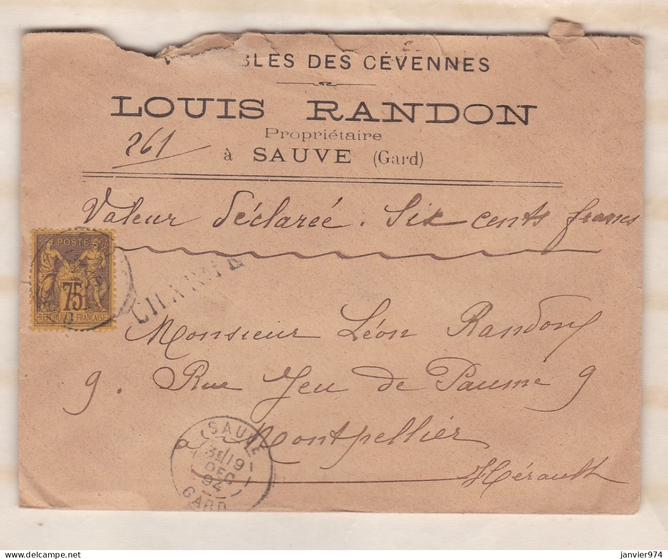 Enveloppe 1894 Vignobles Des Cévennes RANDON Louis Propriétaire à Sauve Pour Montpellier ,1 Timbre + 5 Sceaux En Cire  - 1876-1898 Sage (Type II)