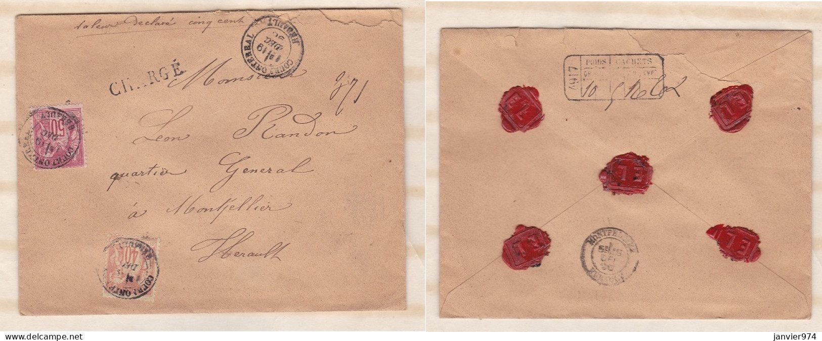 Enveloppe 1890 Avec Cachet De Cournonterral Pour Montpellier , 2 Timbres + 5 Sceaux En Cire  - 1876-1898 Sage (Type II)