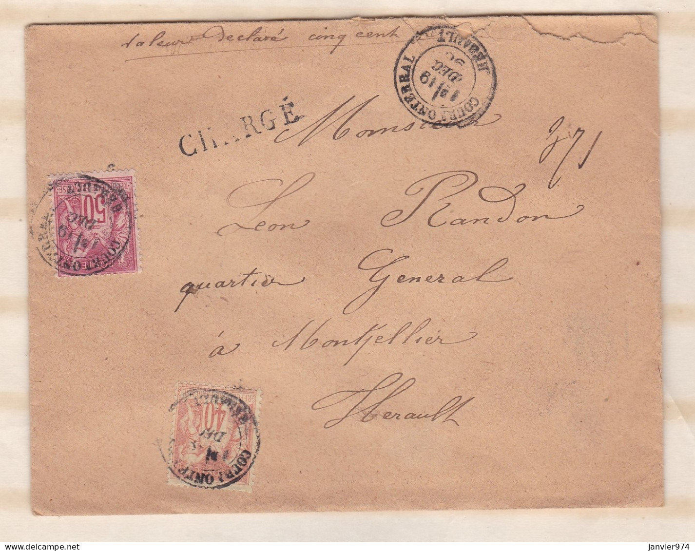 Enveloppe 1890 Avec Cachet De Cournonterral Pour Montpellier , 2 Timbres + 5 Sceaux En Cire  - 1876-1898 Sage (Tipo II)