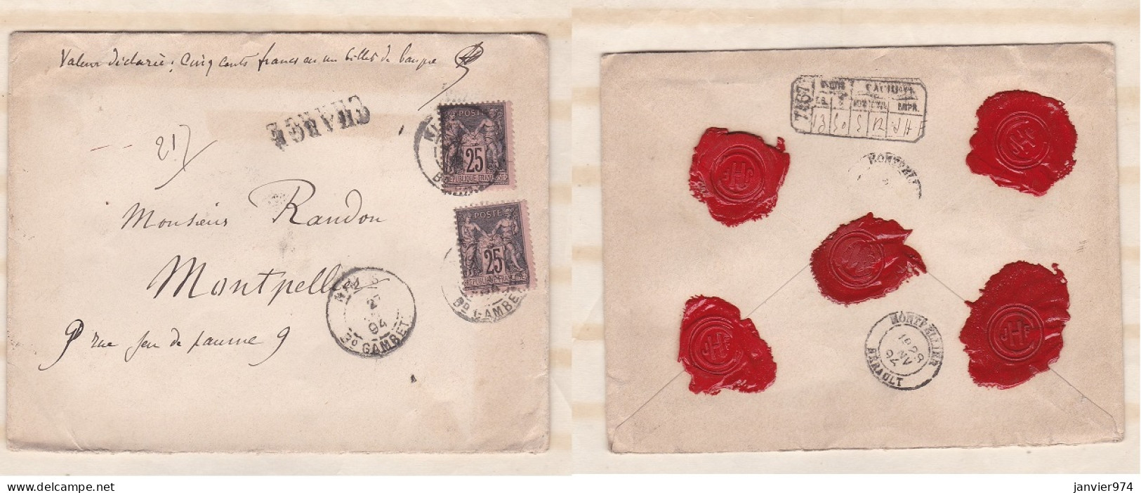 Enveloppe 1894 Avec Cachet De Montpellier  Pour  Randon Montpellier , 2 Timbres + 5 Sceaux En Cire  - 1876-1898 Sage (Tipo II)