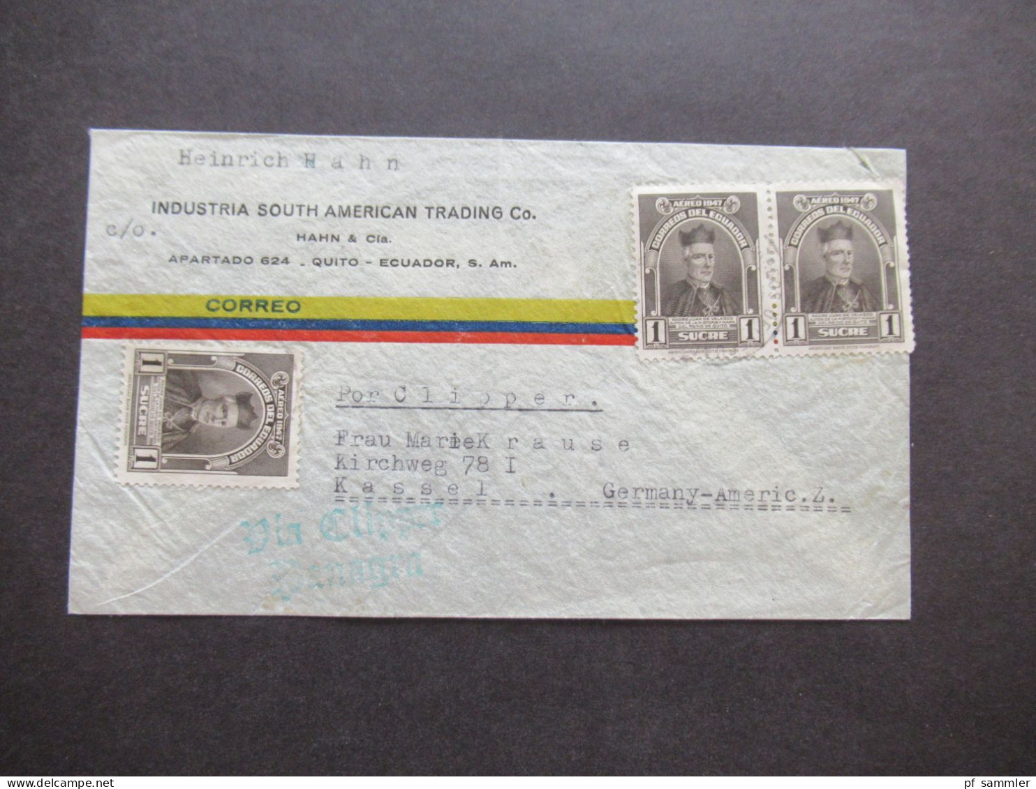 Ecuador Um 1940 Überseebrief Quito - Kassel Mit 2x Grüner Stempel Via Clipper (Banagra??) - Ecuador