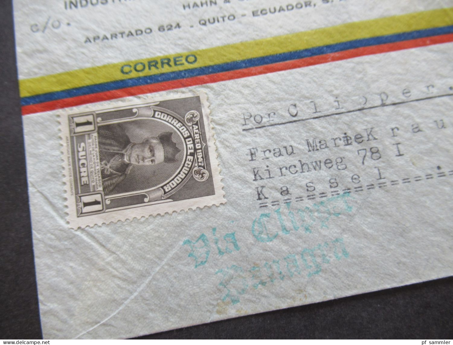 Ecuador Um 1940 Überseebrief Quito - Kassel Mit 2x Grüner Stempel Via Clipper (Banagra??) - Equateur