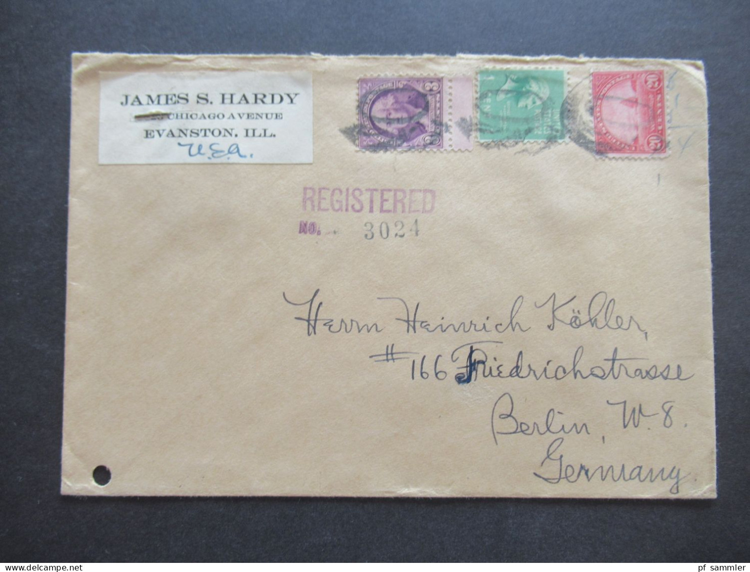 USA 1938 Registered Letter Evanston - Berlin Via New York Mit Ank. Stempel Und Handschriftl. Vermerk / 4 Stp. Rückseitig - Lettres & Documents