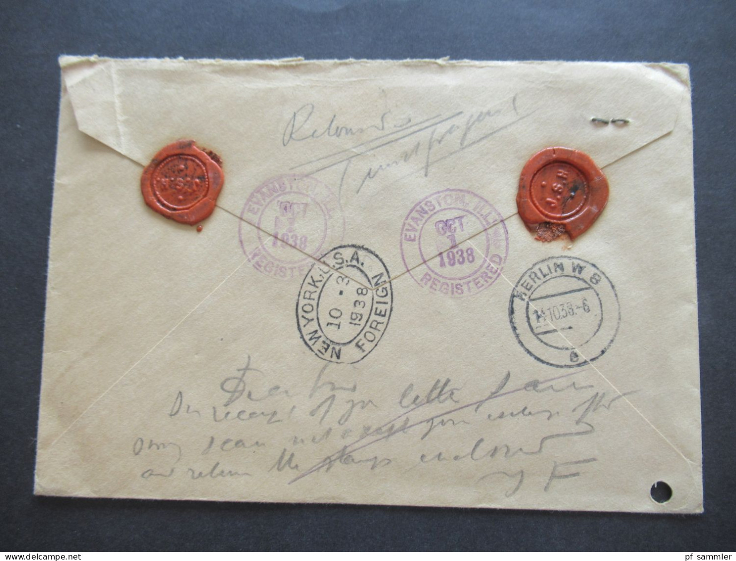 USA 1938 Registered Letter Evanston - Berlin Via New York Mit Ank. Stempel Und Handschriftl. Vermerk / 4 Stp. Rückseitig - Covers & Documents