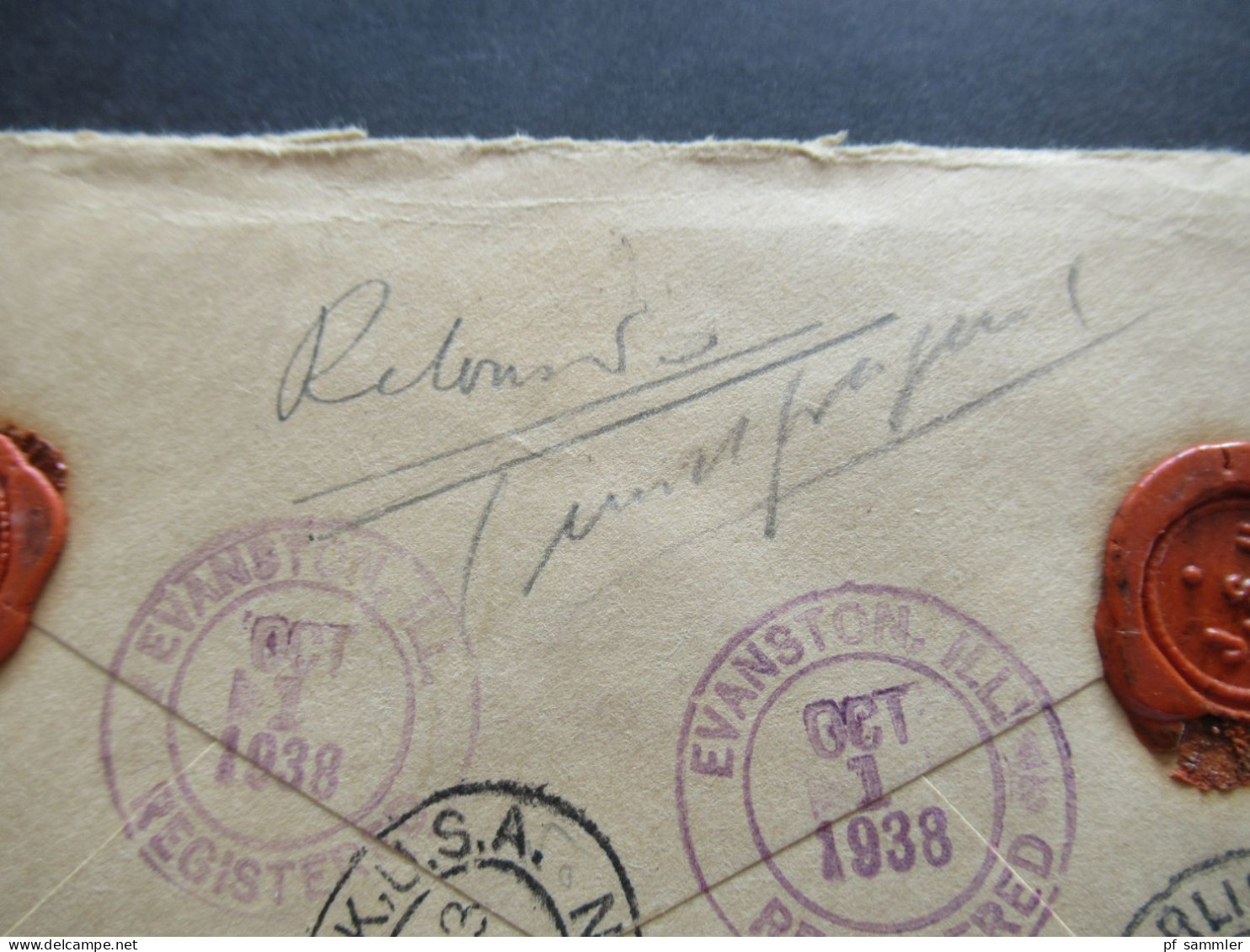 USA 1938 Registered Letter Evanston - Berlin Via New York Mit Ank. Stempel Und Handschriftl. Vermerk / 4 Stp. Rückseitig - Briefe U. Dokumente