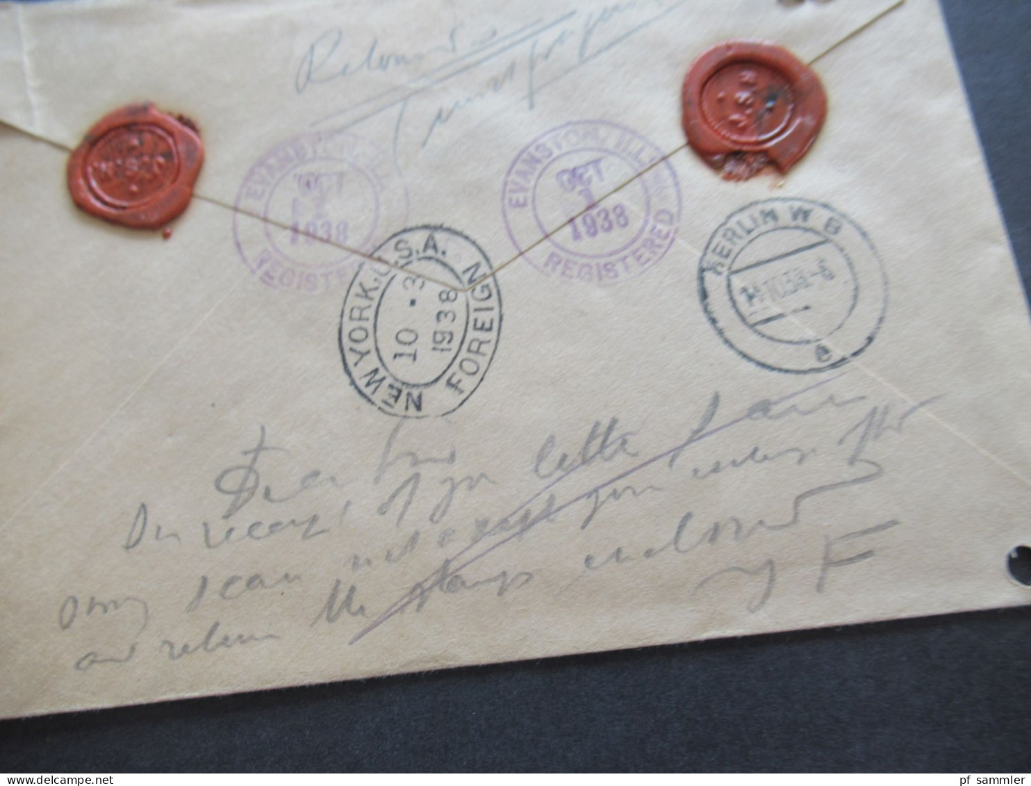 USA 1938 Registered Letter Evanston - Berlin Via New York Mit Ank. Stempel Und Handschriftl. Vermerk / 4 Stp. Rückseitig - Covers & Documents